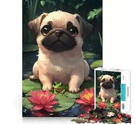 Rompecabezas de Animales para Adultos Perro Pug y Rana en nenúfares, 1000 Piezas, Recall Upgrade Peaceful Time Tight Cut Santa Wish List (38x26cm)