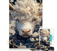 Rompecabezas de Animales Vaca Blanca con Flores 1000 Piezas Juguete Creativo componentes Resistentes y de Corte Limpio Ideal para Llevar de Viaje Juego Mental Regalo (38x52cm)