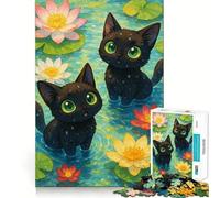 Rompecabezas de Anime de Gatos Negros en un Estanque de nenúfares,1000 Piezas,Juguete Creativo,componentes Resistentes y de Corte Limpio,Ideal para Llevar de Viaje,Juego Mental,Regalo (38x52cm)