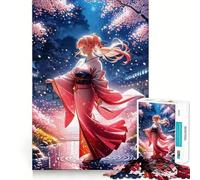 Rompecabezas de Anime de una Chica en Kimono bajo la Noche,con Flores de Cerezo,para Adultos Juego Think Boost de 1000 Piezas Estructura de Encaje precisa Fácil de Aprender Diversión