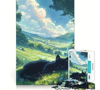 Rompecabezas de Anime Gato Negro en un Prado de 1000 Piezas Juego de concentración Mental Corte de precisión Bordes Lisos Actividad Absorbente para Noches tranquilas (38x26cm)