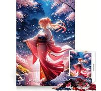 Rompecabezas de Anime Girl in Kimono Under Night Cherry Blossom para Adolescentes, 1000 Piezas, Mejora la Memoria, Suave y Distracción, Corte Láser, Regalo Considerado (50x75cm)