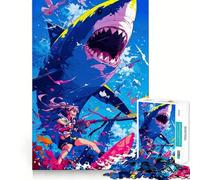 Rompecabezas de Anime Girl Vs Shark de 1000 Piezas Juguete de construcción Focus Building Ensamblaje Firme y Seguro Juguete de Entretenimiento para Interiores (38x26cm)