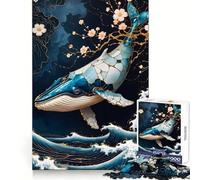 Rompecabezas de Arte Kintsugi de Ballena Azul para Adultos, 1000 Piezas, Mente aguda, Ocio Consciente, Ajuste Firme, Alegre Navidad (38x52cm)