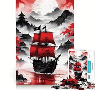Rompecabezas de Barco Pirata Rojo y Negro de 1000 Piezas para Adolescentes Juguete de lógica Fina, fácil de armar, para el Ocio, con Bordes limpios, Ideal para Festivales (38x26cm)