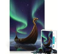 Rompecabezas de Barco Vikingo bajo la Aurora Boreal,1000 Piezas Juego de concentración Mental Corte de precisión Bordes Lisos Actividad Absorbente para Noches tranquilas (38x52cm)