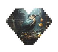 Rompecabezas de bloques de ladrillos de construcción con estampado de pájaro negro y flores, rompecabezas de madera con forma de corazón