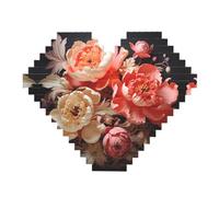 Rompecabezas de bloques de ladrillos de construcción con estampado de peonías de colores brillantes, rompecabezas con imagen en forma de corazón, rompecabezas de madera