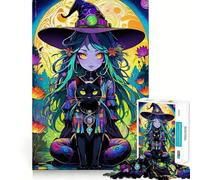 Rompecabezas de Bruja caprichosa con Gato Negro 1000 Piezas Juego de concentración Mental Corte de precisión Bordes Suaves Juego para Construir Conexiones significativas (38x26cm)