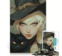 Rompecabezas de Bruja con Gato Negro,1000 Piezas,Juego de lógica,artesanía de Corte experta,Tiempo de Tranquilidad,Ejercicio Mental en casa (38x52cm)