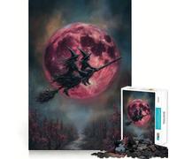 Rompecabezas de Brujas Volando en Escoba con Luna roja,1000 Piezas para Adultos Divertido Juego de Memoria Artesanía de Corte experta Actividad Relajante para Grupos en Interiores (38x26cm)