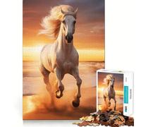 Rompecabezas de caballo blanco corriendo en la playa para adolescentes 1000 piezas divertido juego de memoria superficie lisa sin rebabas regalo de cumpleaños juguete para ejercitar la mente (38x26cm)