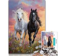 Rompecabezas de Caballos Blancos y Negros para Adultos (1000 Piezas), Juguetes educativos para familias con póster y Hoja de Trivia (50x75cm)