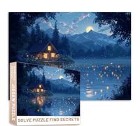 Rompecabezas de cabaña de bosque iluminado por la luna de 1000 piezas, telón de fondo de montaña de luciérnagas, 50 x 70 cm, escena nocturna serena, rompecabezas colorido para decoración del hogar