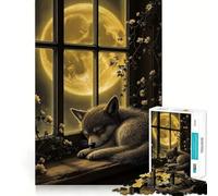 Rompecabezas de Cachorro de Lobo en Ventana iluminada por la Luna,1000 Piezas,Divertido y entretenido,sin Rebabas,Ideal para Noches tranquilas (38x26cm)