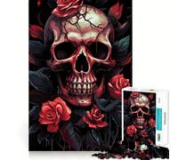 Rompecabezas de Calavera con Rosas Rojas para Adultos, 1000 Piezas, fortalece la Memoria, Alivia el estrés, Bordes Lisos, Regalo conmovedor 38x26cm