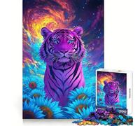 Rompecabezas de Campo de Girasoles con Tigre psicodélico para Adultos, 1000 Piezas, para Fortalecer la Memoria, Actividad para el hogar, Bordes limpios, Regalo Festivo (38x52cm)