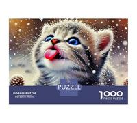 Rompecabezas de cartón Premium de 1000 Piezas Momento de lamer la Nieve de un Gato Adorable. Ideal para aliviar el estrés, diversión en Interiores y Adultos. 70 x 50 cm (1000 Piezas).