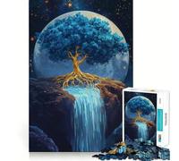 Rompecabezas de Cascada con árbol Azul Dorado Vibrante para Adolescentes,1000 Piezas,Juego para estimular la Mente,Montaje Firme y Seguro,Actividad para Fortalecer los Lazos Familiares (50x75cm)