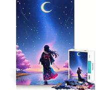 Rompecabezas de Chica Anime bajo la Luna Creciente,1000 Piezas,Divertido,para Aumentar la concentración,Cortado con láser para un Ajuste, Actividad para Compartir con Seres Queridos (38x26cm)