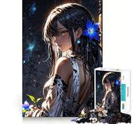 Rompecabezas de Chica Anime con Flores Azules,1000 Piezas,Juguete de construcción Focus Building Toy,Ajuste Huecos,Actividad gratificante para días lluviosos (38x52cm)