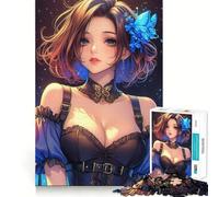 Rompecabezas de Chica Anime con Mariposas Azules,1000 Piezas,Juego Divertido sin Rebabas,Piezas de Corte Limpio,portátil,Ideal para Viajar (38x26cm)