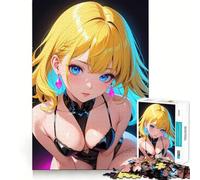 Rompecabezas de Chica Anime con Ojos Azules en Bikini Negro para Adultos,1000 Piezas,Juego para ejercitar la Mente,Corte de precisión,Bordes Suaves,desafío Divertido para Pasar el Tiempo (38x26cm)