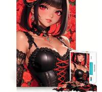 Rompecabezas de Chica Anime con Rosas Rojas para Adultos,1000 Piezas,Juego para estimular la Mente,tamaño Uniforme,Piezas precisas,Ideal para Viajar, ejercitar la Mente (38x52cm)