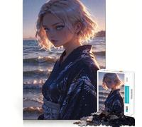 Rompecabezas de Chica Anime con Yukata Junto al mar,1000 Piezas,Juego Divertido sin Rebabas,Piezas de Corte Limpio,portátil,Ideal para Viajar (38x26cm)