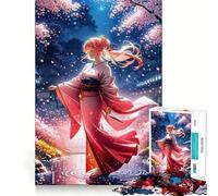 Rompecabezas de Chica Anime en Kimono bajo Flores de Cerezo nocturnas,1000 Piezas,Entrenamiento Mental,Divertido,de Corte Limpio,componentes Resistentes,Entretenimiento cautivador acogedores
