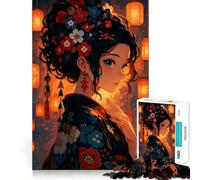 Rompecabezas de Chica Anime en Kimono con linternas,1000 Piezas,Juego Divertido sin Rebabas,Piezas de Corte Limpio,portátil,Ideal para Viajes (38x26cm)