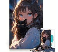 Rompecabezas de Chica Anime y Gato Negro,1000 Piezas,Juego Interactivo para estimular el Pensamiento,Cierre Seguro,sin Piezas Sueltas,desafío Mental para el hogar (38x26cm)