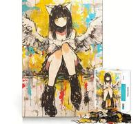 Rompecabezas de Chica Gato Anime con alas,1000 Piezas,Juego Divertido sin Rebabas,Piezas de Corte Limpio,portátil,Ideal para Viajes (50x75cm)