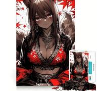 Rompecabezas de Chica Zorro Anime en Rojo,1000 Piezas,Juego de concentración Mental,Corte de precisión,Bordes Suaves,Juego de construcción de Conexiones significativas (38x52cm)