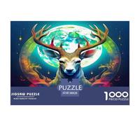 Rompecabezas de Ciervo para Adultos: Ciervo con Luna detrás de Sus astas. Juego de ingenio y desafiante para Decorar Paredes. 38 x 26 cm/1000 Piezas.