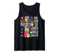 Rompecabezas de Conciencia sobre el Autismo Cruz Juan 3:16 Versículo de la Biblia Camiseta sin Mangas