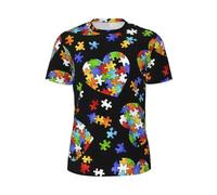 Rompecabezas de concienciación sobre el autismo con estampado de corazón para hombre, camisetas ligeras ventiladas para reuniones al aire libre, fitness, uso casual, Negro, S