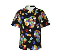 Rompecabezas de concienciación sobre el autismo, diseño de corazón, camisa hawaiana de verano para hombre, manga corta, playa, vacaciones, fines de semana, reuniones al aire libre, Negro, L