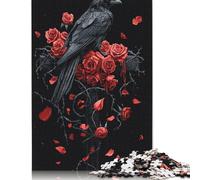 Rompecabezas de Cuervo gótico y Rosas sobre Cruz gótica, Tablero Rectangular de cartón 100% Reciclado, Día del Niño, 1000 Piezas (38 x 26 cm)