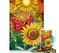 Rompecabezas de Dalia y Girasol con diseño de pétalos en Capas en vidrieras para Adolescentes, 1000 Piezas, Juguete de lógica, diversión Relajante, Bordes Suaves, Regalo de cumpleaños 38x26cm
