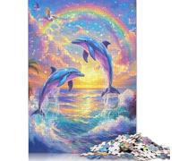 Rompecabezas de Delfines Saltando al Atardecer con arcoíris, de Primera Calidad, 100% Papel Reciclado, Rectangular, para Mujeres y Hombres, 1000 Piezas (75 x 50 cm)