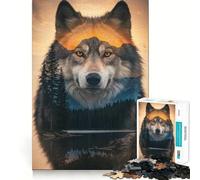 Rompecabezas de Doble exposición Lobo y Paisaje de 1000 Piezas Diversión para ejercitar la Mente Piezas sin Rebabas y de Corte Limpio Actividad Absorbente para Noches tranquilas (38x52cm)