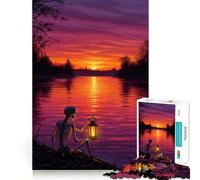 Rompecabezas de Esqueleto con Linterna Junto al río al Atardecer, 1000 Piezas, para Adolescentes Juguete Inteligente para el hogar Corte preciso Regalo Original 38x52cm