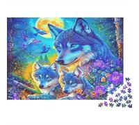 Rompecabezas de fantasía de la Familia del Lobo Azul de 1000 Piezas. Lobo Abstracto Azul y Naranja. Juego Educativo para Adultos. Difícil y desafiante.38 x 26 cm.