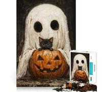 Rompecabezas de Fantasma Adorable y Gato Negro con Calabaza para Adolescentes, 1000 Piezas, Juguete para ejercitar la Mente, diseño Sencillo y Divertido, Regalo Memorable 38x26cm