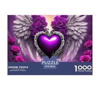 Rompecabezas de Flores de Amor para Adultos y Adolescentes: Corazón Entre alas y Rosas moradas, Juego Educativo para decoración de Paredes y Regalos, 38 x 26 cm (1000 Piezas)