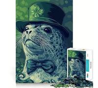 Rompecabezas de Foca con Sombrero de trébol de 1000 Piezas para Adolescentes, Juguete de lógica, Tren, luz, relajación, Corte Suave, decoración de Pared (38x26cm)