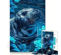 Rompecabezas de Foca en Aguas Florales Azules de 1000 Piezas para Adultos Juguete Inteligente para el hogar Borde Liso Artículo de colección (50x75cm)