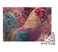 Rompecabezas de Gallo de 1000 Piezas, Color Turquesa con Flores Rosas, Ideal para Juegos educativos para Adultos, decoración del hogar, desafío difícil, Regalo de cumpleaños, 52 x 38 cm