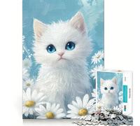 Rompecabezas de Gatito Blanco con Margaritas para Adultos 1000 Piezas Juego para ejercitar la Mente Corte de precisión Bordes Suaves desafío Divertido para Pasar el Tiempo (50x75cm)